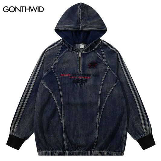 Vintage  Denim Hoodie Jacket Y2K Embroidered Half Zip Up Oversized Hooded Jean Sweatshirt Coat Streetwear Hip Hop Baggy Pullover