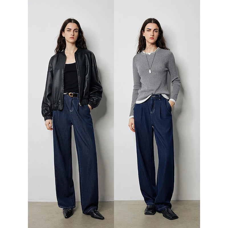 TOYOUTH Women Denim Jeans 2024 Autumn New Wide Leg Straight High Waist Washed Towing Long Pants