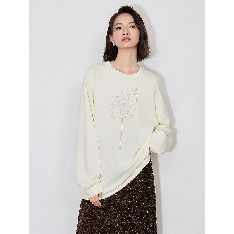 TOYOUTH Women T-shirt 2024 Autumn New Flower Patchwork Embroidered Long Sleeve Round Neck Pullover Bottom Tops Beige