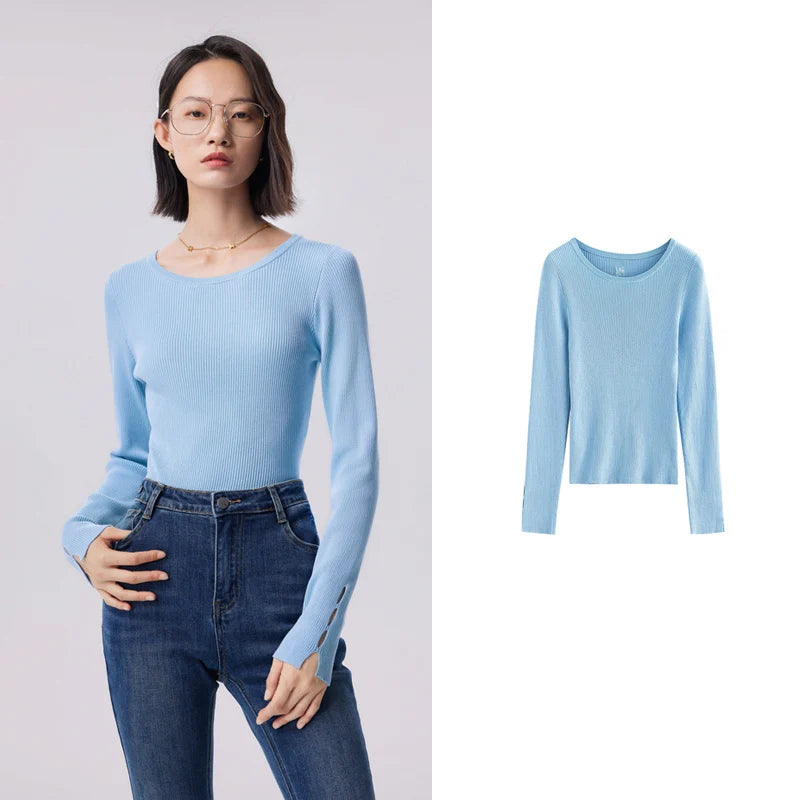 Toyouth Women Knitted Bottom Tees 2023 Autumn Long Sleeves Half High Collar O Neck V Neck Slim Solid Color Versatile Knitwear