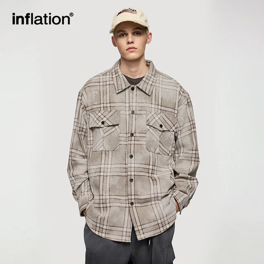 INFLATION Unisex Distressed Plaid Long-Sleeved Shirts American Retro Casual Oversize Men's Shirt