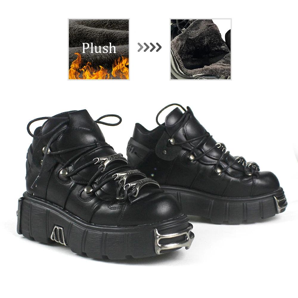 New 2024 Brand Punk Style Women Shoes Lace-up heel height 6CM Platform Shoes Woman Rock Boots Metal Decor Woman Sneakers