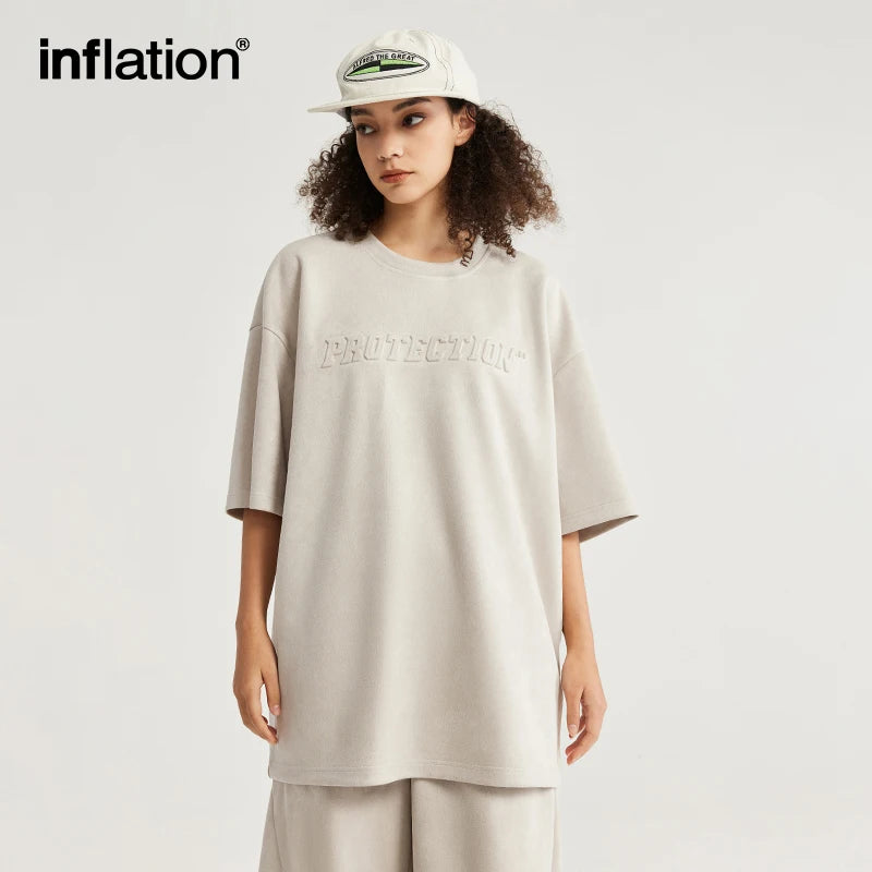 INFLATION Summer Oversized Tracksuit Set Unisex Suede Fabric Embossed T-shirts and Shorts Set