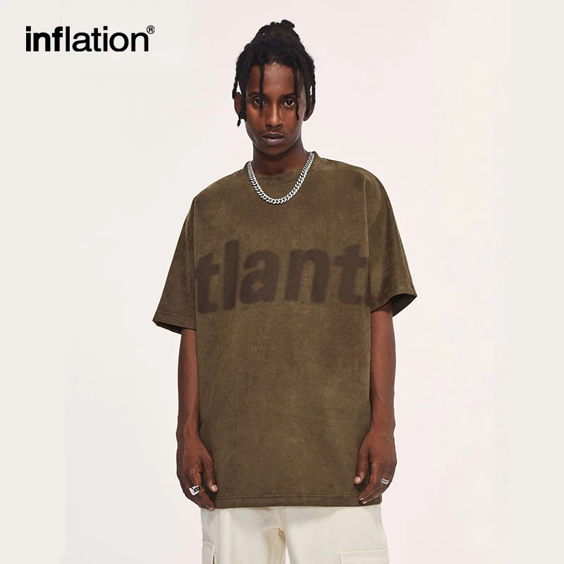 INFLATION High Street Faux Suede T-shirts Men Streetwear Oversized Tees Unisex