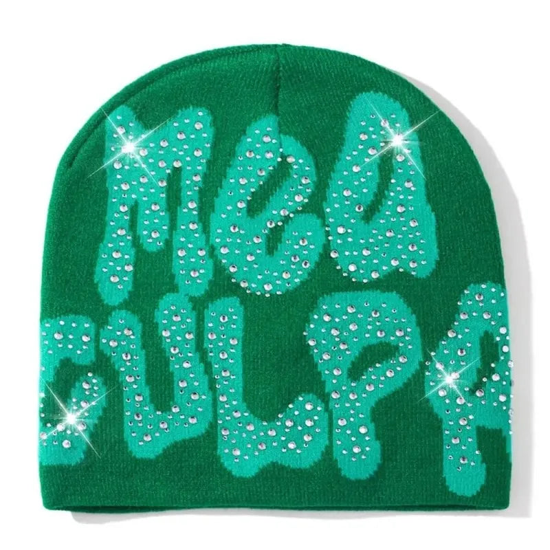 2023 NEW Y2K MEA Culpa Beanies Hat with Rhinestone for Women Men Beanies Hats Hip-hop Soft Stretch Warm Knitted Slouchy Cap