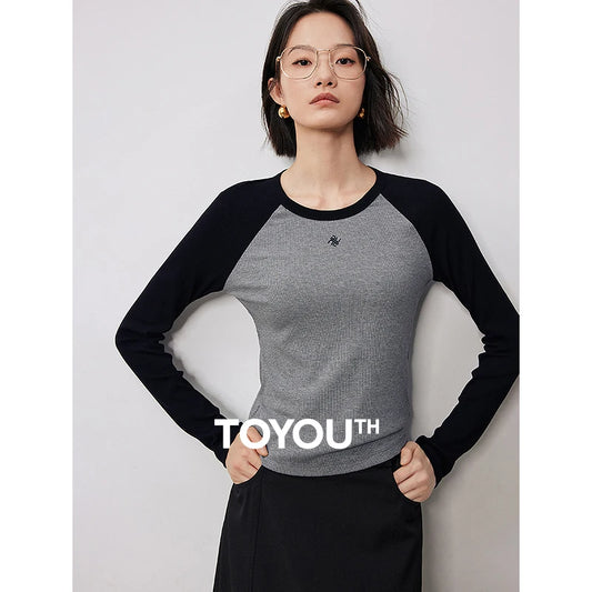 TOYOUTH Women Long Sleeve T shirt 2024 Autumn New Round Neck American Style Raglan Sleeve Basic Casual Tops