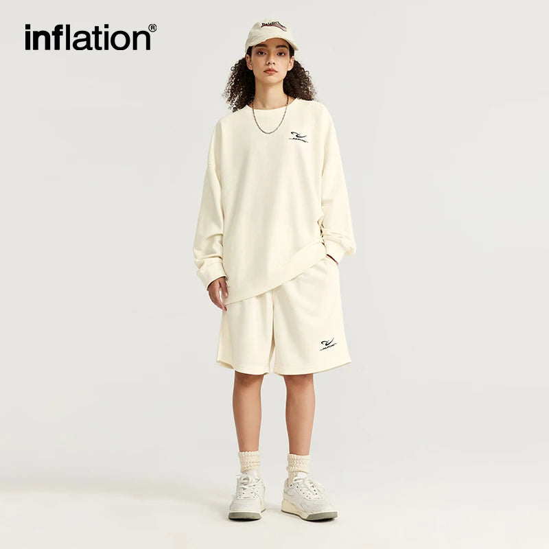 INFLATION Spring Oversized Tracksuit Sportswear Unisex Pique Fabric Embroidery Long Sleeve Tees and Shorts Set