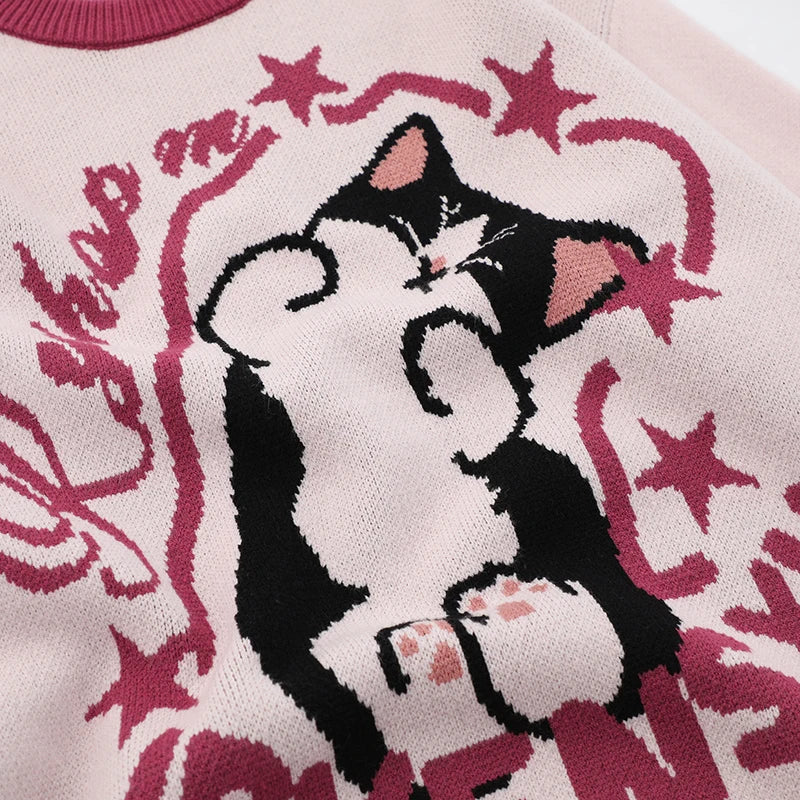 Harajuku Vintage Cute Cat Graphic Sweater Women's Winter Y2K Oversized Knitted Pullover Pink Stars Anime Ugly Sweater Grandpa