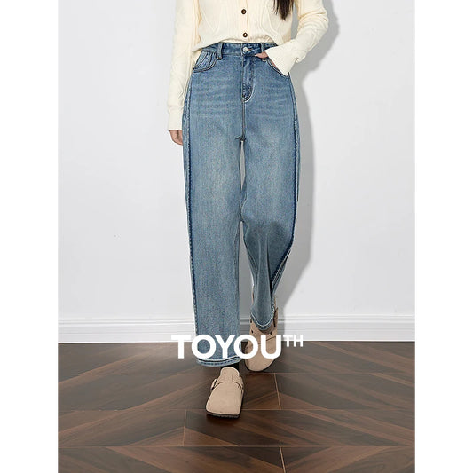 TOYOUTH Women Fleece Denim Jeans 2024 Autumn and Winter New Streetwear Style Straight Wide Leg Light Blue Banana Pants