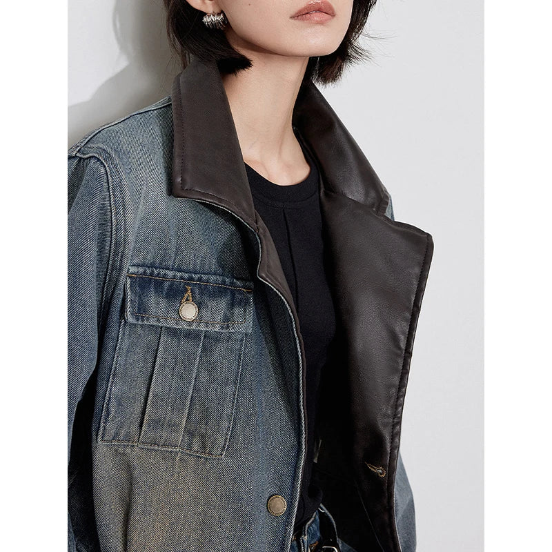 TOYOUTH Women Denim Jacket 2024 Autumn Winter New Short Style Leater Turn Down Collar Streetwear Jacket Coat