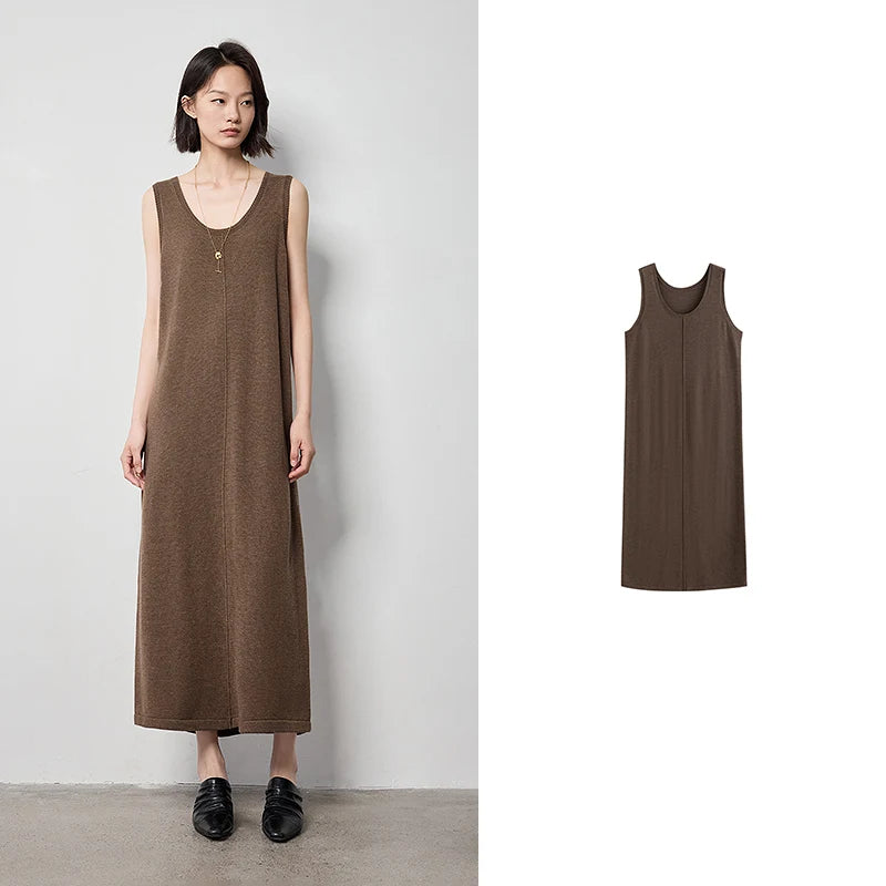 TOYOUTH Women Sleeveless Dress 2024 Autumn New U Neck Straight Solid Color Wool Casual Long Dress