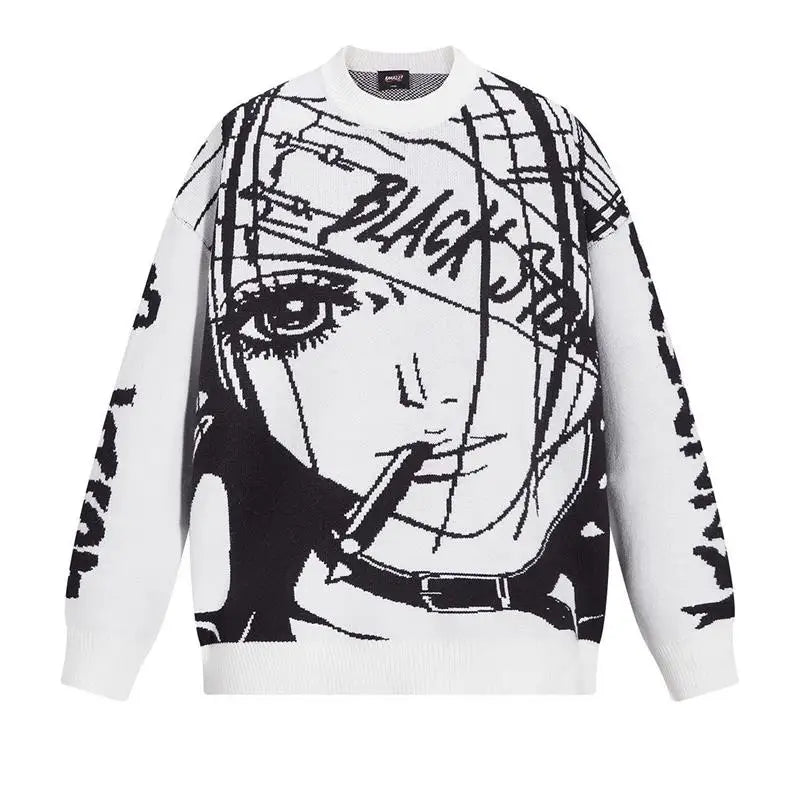 Oversized Sweater Men Women Harajuku Anime Girl Graffiti Vintage Knitted Sweater 2023 Winter Unisex Cotton Pullover Streetwear