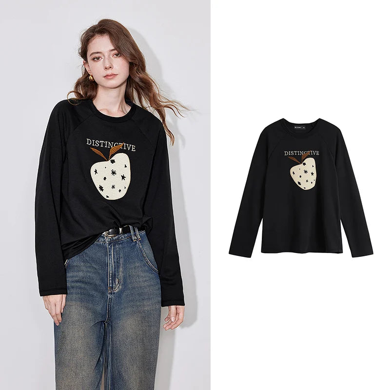 TOYOUTH Women Long Sleeve T-shirt 2024 Autumn New Apple Pattern Round Neck Cotton Outerwear White Tops