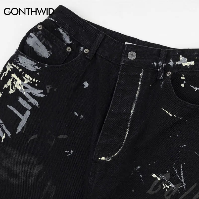 Hip Hop Black Jeans Y2K Men Graffiti Print Straight Wide Baggy Loose Denim Pants Streetwear 2023 Harajuku Fashion Punk Trousers