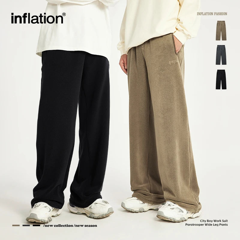 INFLATION Winter Thick Fleece Straight Leg Pants Unisex Matching Velvet Warm Sweatpant Mens Trousers