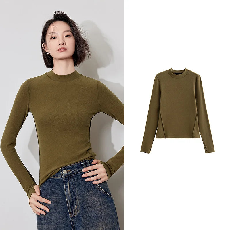 TOYOUTH Women Long Sleeve T-shirt 2024 Winter New Mousse Style Imitation Wool Warm Turtleneck Collar Bottoming Tops