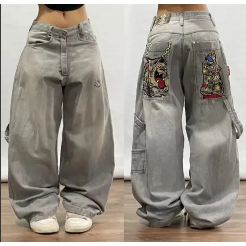 High Street Punk Hip-Hop Letter Embroidery Splicing Raw Edge Design Oversized Jeans for Men Y2K Trendy Gothic Fashion sweatpants