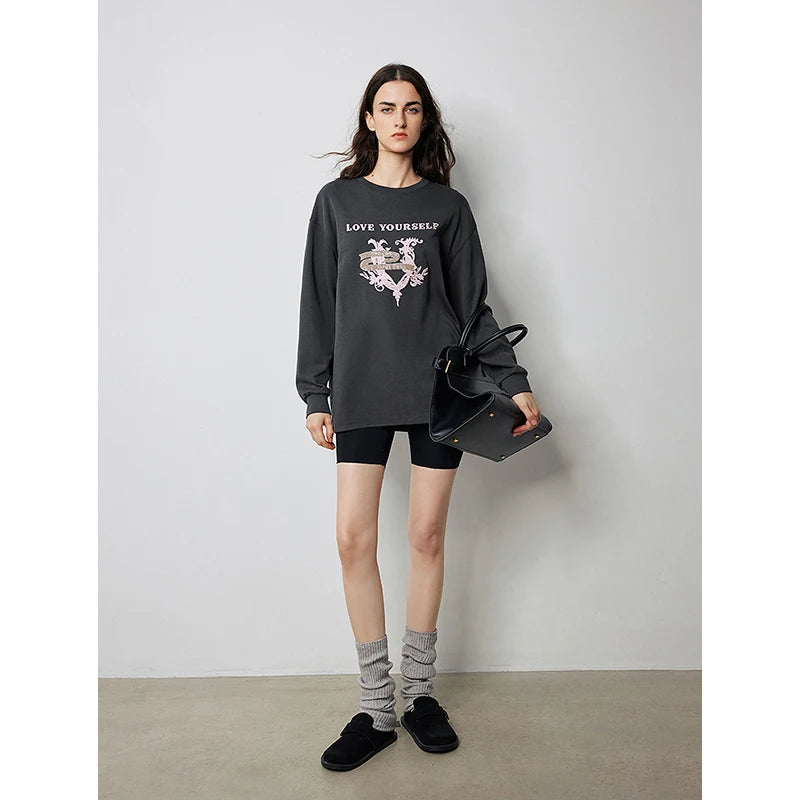 TOYOUTH Women T-shirt 2024 Autumn New Heavy Industry Dargon Pattern Embroidery Long Sleeve Pullover Tops Gray