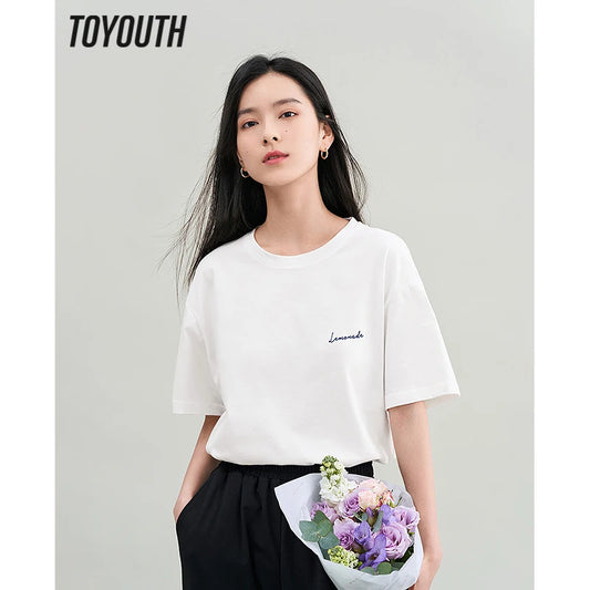 Toyouth Women T-shirt 2023 Summer Short Sleeve O Neck Loose Tees Letter Printed Pure Cotton Multicolor Basic All Match Tops