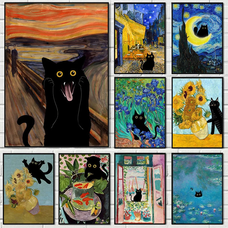 Funny Art Matisse Monet Black Cat Van Gogh Sunflowers Canvas Painting Posters and Prints Wall Pictures for Living Room Decor