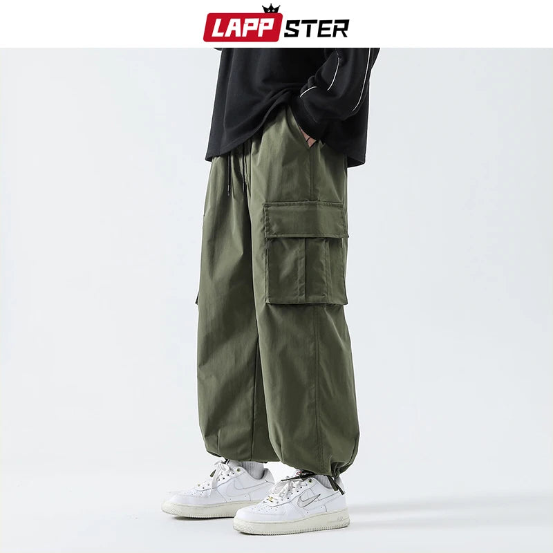 LAPPSTER Y2k Streetwear Baggy Tactical Pants For Men Tracksuit Black Korean Fashion Joggers Harajuku Army Green Stacked Pants