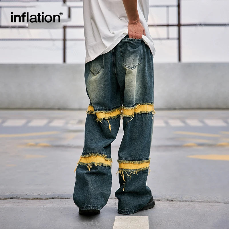 INFLATION Washed Distressed Fringe Jeans Men Straight Leg Ripped Denim Trousers