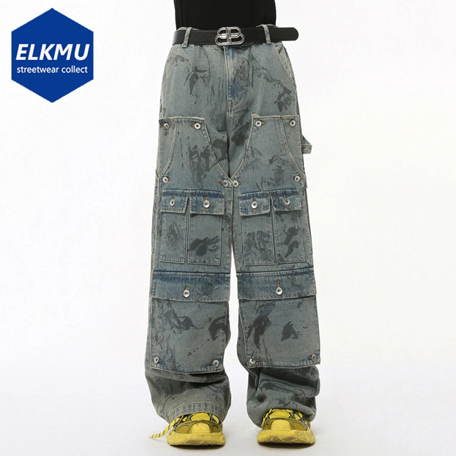 Y2K Baggy Cargo Jeans Men Multi Pocket Vintage Wide Leg Loose Denim Pants Black Blue Streetwear Hip Hop Jeans for Male