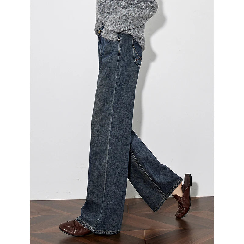 TOYOUTH Women Denim Jeans 2024 Autumn and Winter New Embroidered High Street Straight Wide Leg Long Pants