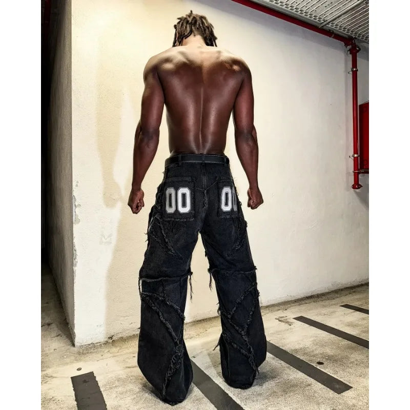 High Street Punk Hip-Hop Letter Embroidery Splicing Raw Edge Design Oversized Jeans for Men Y2K Trendy Gothic Fashion sweatpants