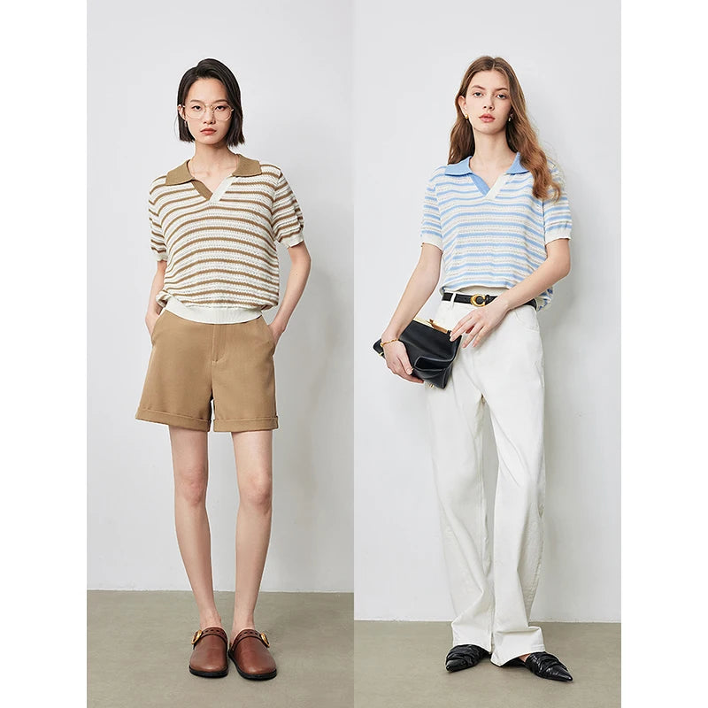 TOYOUTH Women Knitwear 2024 Summer New Striped Polo Collar Hollow Out Casual Short Sleeved Tops for Women