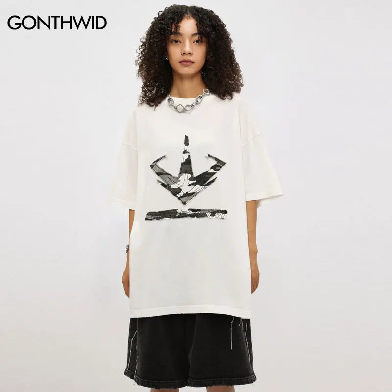 Vintage Tshirt Streetwear Embroidery Patch Oversized T-Shirt Hip Hop Punk Gothic Loose Washed Shirts Harajuku Cotton Tee Tops