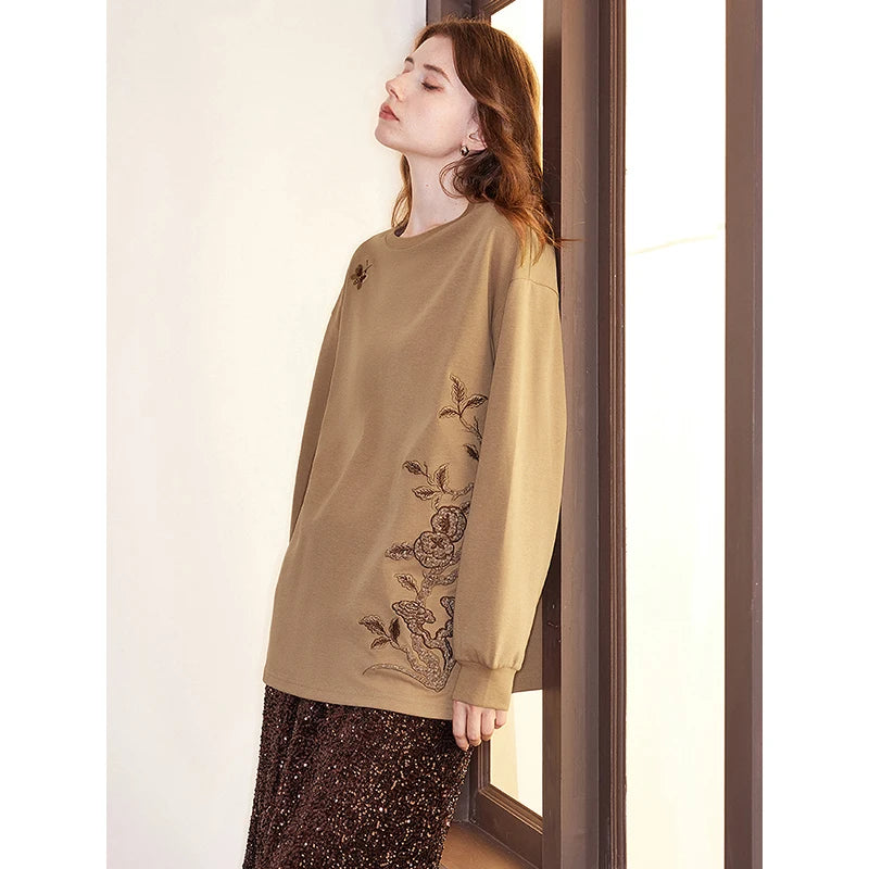 TOYOUTH Women Long Sleeve T-shirt 2024 Autumn and Winter New Chinese Style Persimmon Embroidered Round Neck Pullover Tops