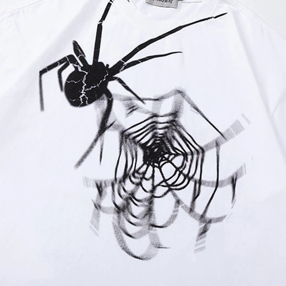 Harajuku Oversized Spider Print T-shirts Hip Hop Streetwear Tee Y2K Tops Men Summer Short Sleeve Loose T Shirt Black White