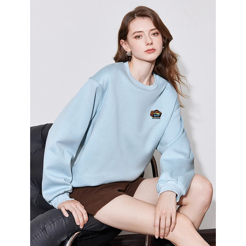 TOYOUTH Women Fleece Hoodies Sweatshirt 2024 Autumn Winter Embroidered Round Neck Long Sleeve Casual Hoodies Warm Tops