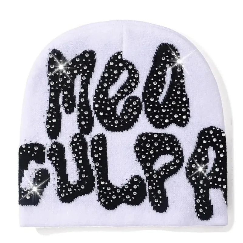 2023 NEW Y2K MEA Culpa Beanies Hat with Rhinestone for Women Men Beanies Hats Hip-hop Soft Stretch Warm Knitted Slouchy Cap