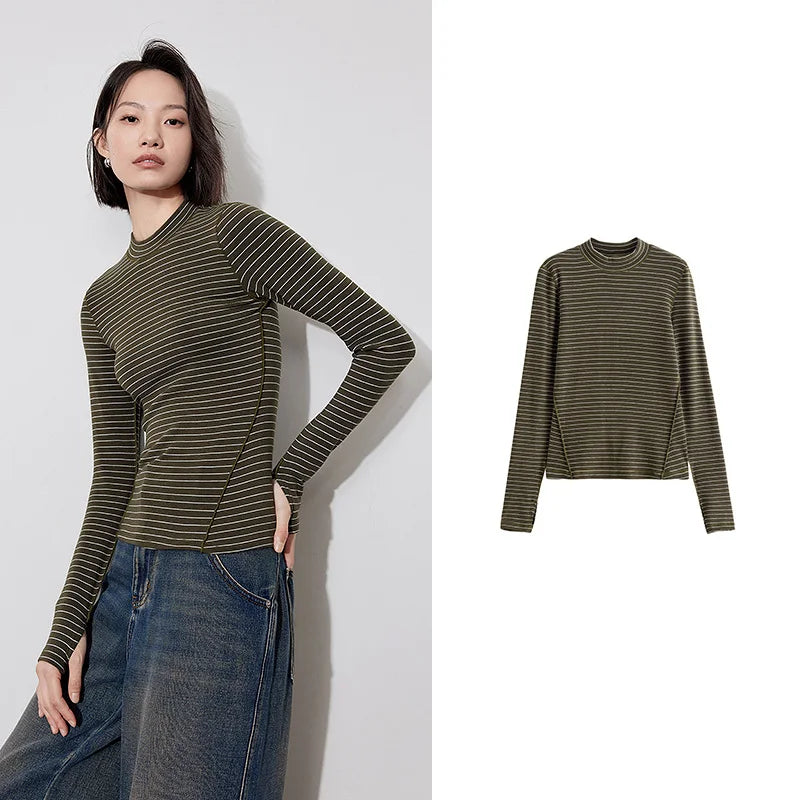 TOYOUTH Women Long Sleeve T-shirt 2024 Winter New Mousse Style Imitation Wool Warm Turtleneck Collar Bottoming Tops