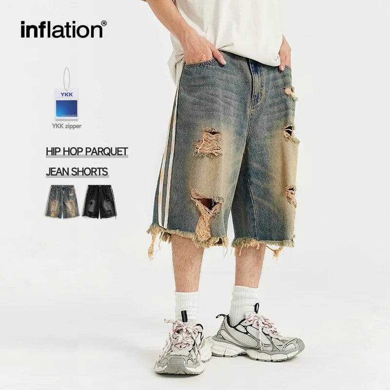 INFLATION Hip Hop Ripped Denim Shorts Men Trendy Patchwork Distressed Jeans for Men Streetwear