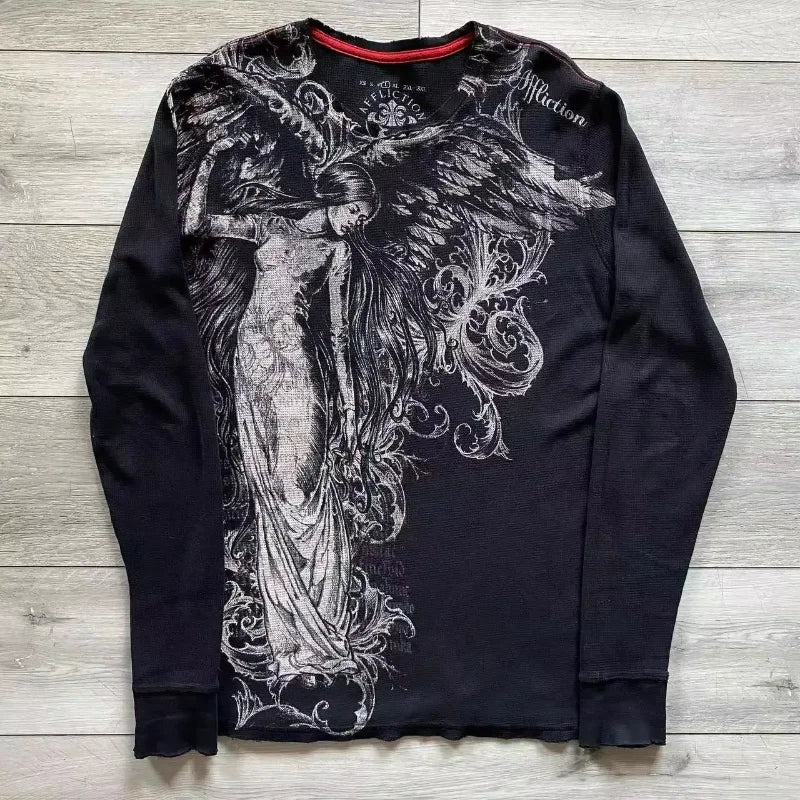 Affliction Long sleeved T shirt Y2K Gothic Fashion Round Neck Oversized Pullover Shirt New Mens Womens Casual Tops Streetwear