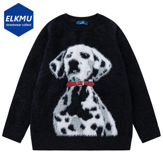 Dog Graphic Pullover Sweaters Men Black Loose Knitted Jumper Sweater Harajuku Oversized Hip Hop Sweater Pullovers Beige