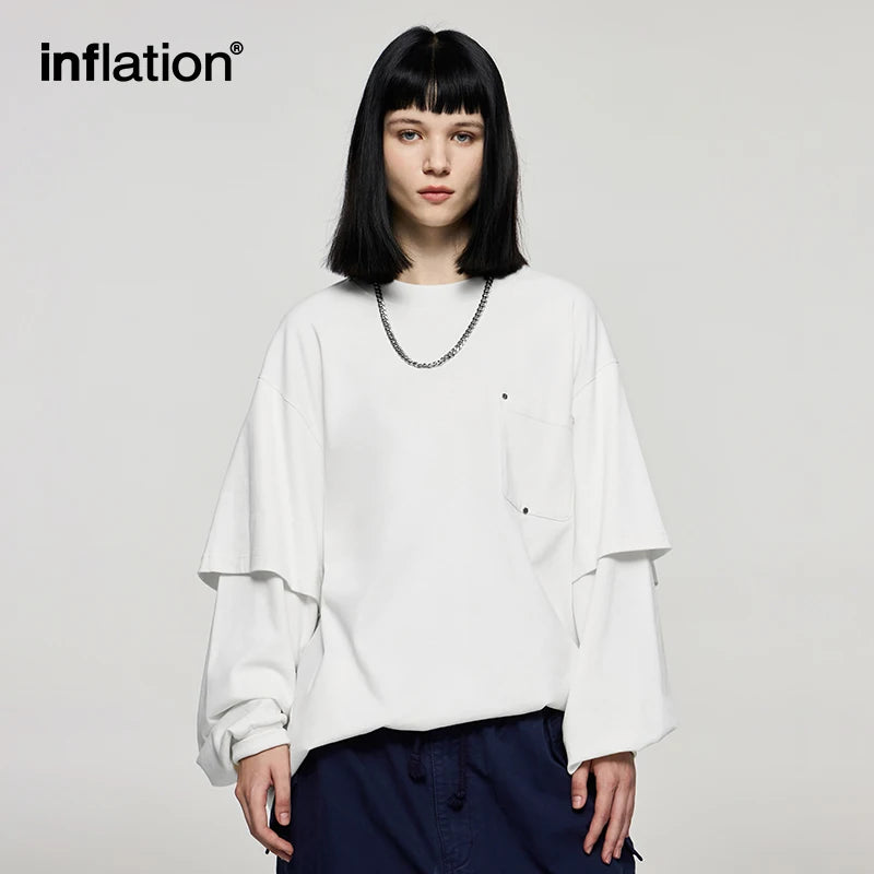 INFLATION Fake Two-Piece Long-Sleeve Tees for Unisex Minimalist Oversized Tshirts With Pocket