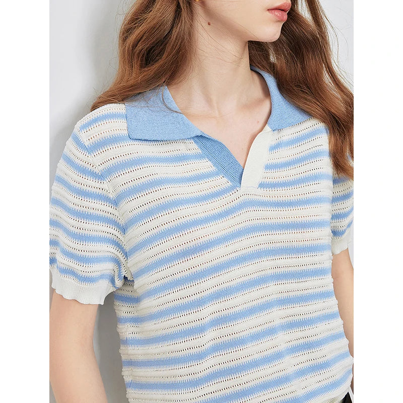 TOYOUTH Women Knitwear 2024 Summer New Striped Polo Collar Hollow Out Casual Short Sleeved Tops for Women