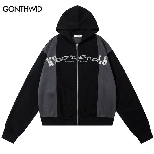 Hip Hop Hoodie Jacket Graphic Printed Patchwork Full Zip Up Hooded Sweatshirt Coat Streetwear Men Harajuku Casual Baggy Hoodies