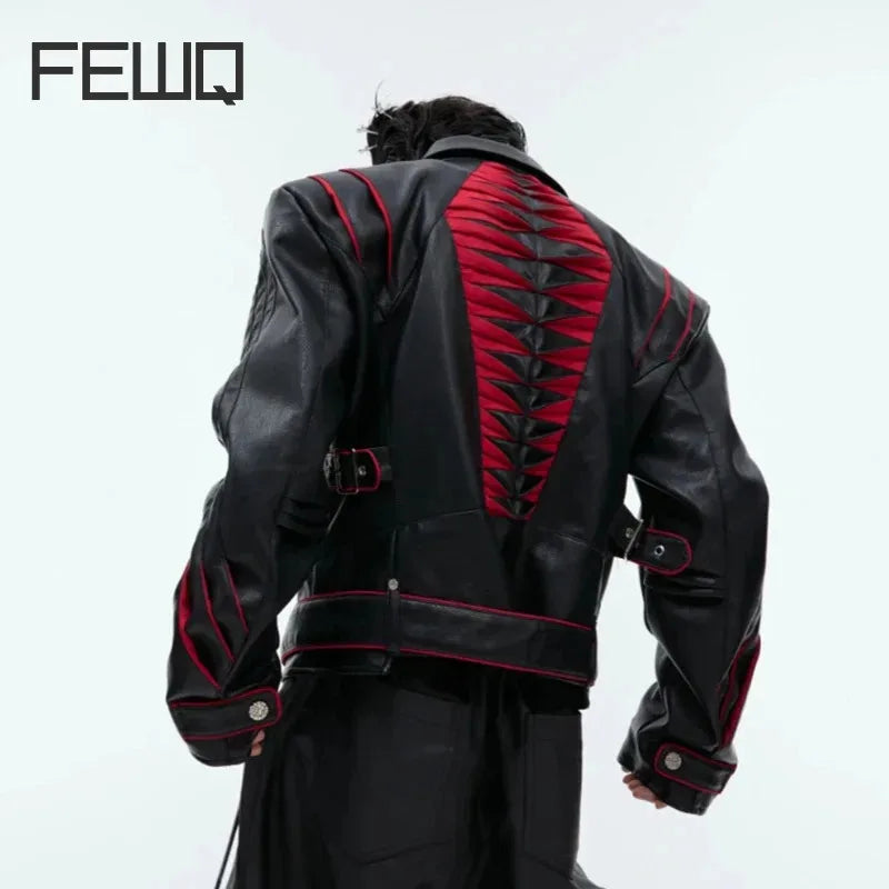 FEWQ Niche Deconstruction Fold Design Short PU Leather Jacket Splicing Motorcycle 2024 Contrast Color Darkwear Tops 24E1820