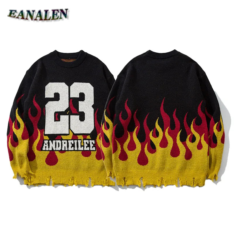 Harajuku Vintage Flame Broken Sweater Men's Winter Casual Oversized 23 Knitted Pullover Grandpa Ugly Sweater Women's Y2K Grunge