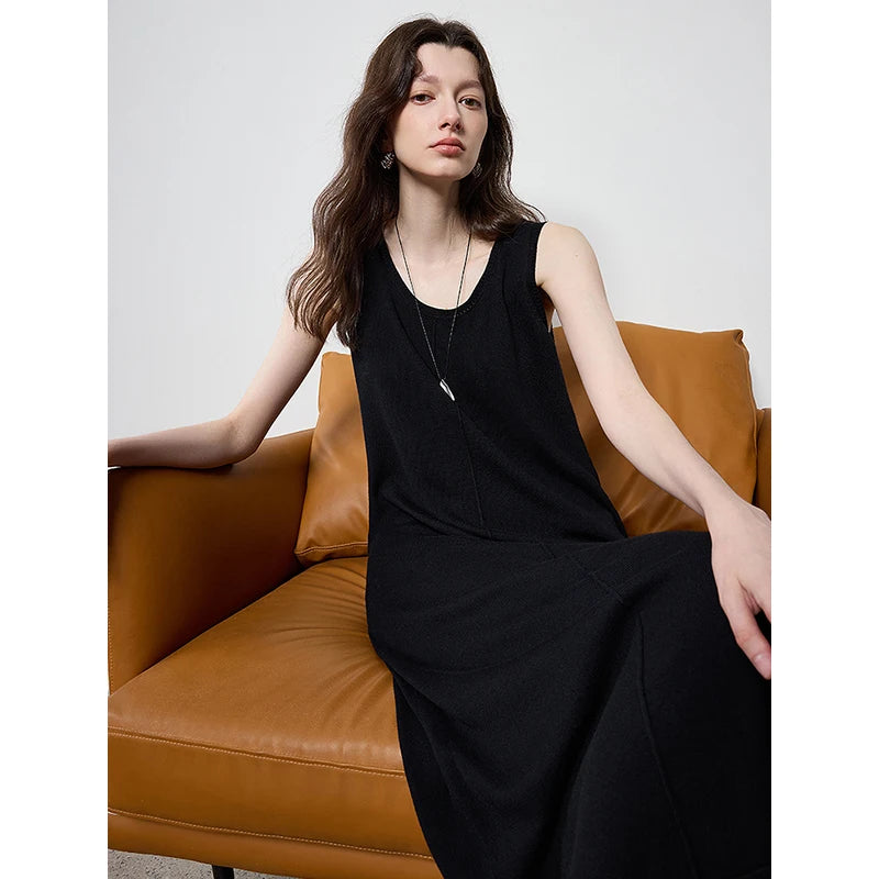 TOYOUTH Women Sleeveless Dress 2024 Autumn New U Neck Straight Solid Color Wool Casual Long Dress