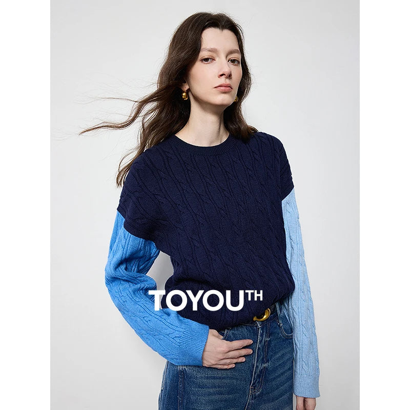 TOYOUTH Women Sweater 2024 Autumn New Multi Contrasting Color Round Neck Trendy Versatile Woolen Pullover Sweater