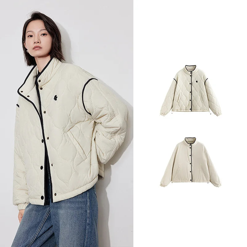 TOYOUTH Women Thick Cotton Coat 2024 Winter Long Sleeve Lapel Collar Contrasting Color Splicing Elegant Outwear Jacket Coat