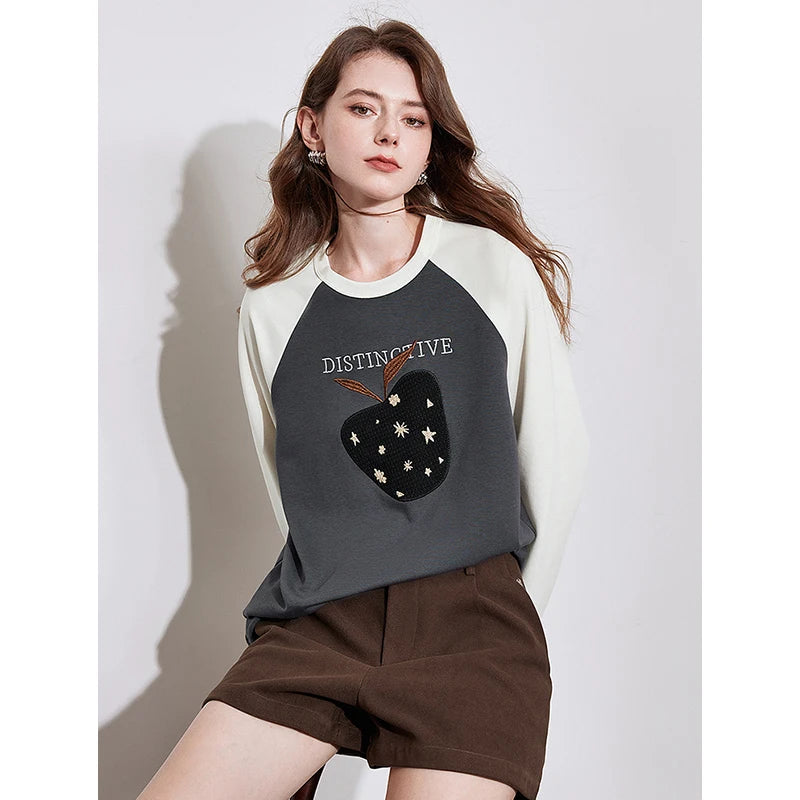 TOYOUTH Women Long Sleeve T-shirt 2024 Autumn New Apple Pattern Round Neck Cotton Outerwear White Tops