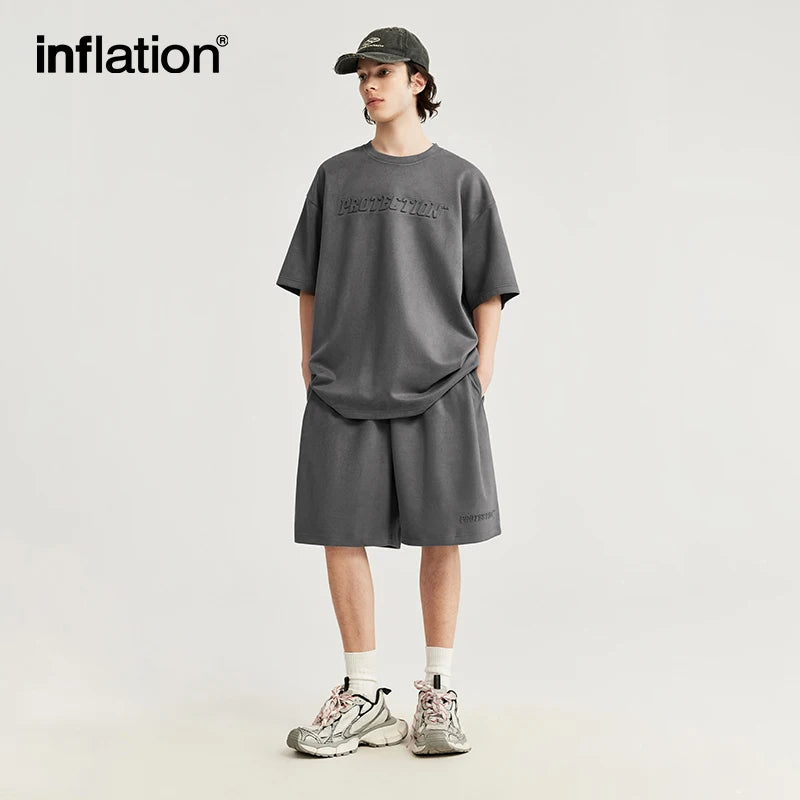 INFLATION Summer Oversized Tracksuit Set Unisex Suede Fabric Embossed T-shirts and Shorts Set