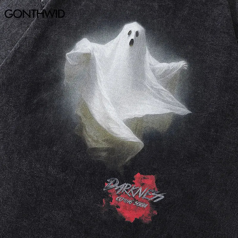 Vintage Streetwear T-Shirt Hip Hop Ghost Devil Graphic Print Punk Gothic Tshirt 2023 Harajuku Fashion Washed Oversized Tee Tops